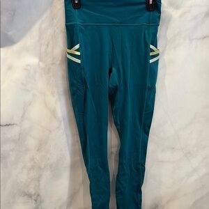 Fabletics Teal Powerhold Leggings with Yellow Accents